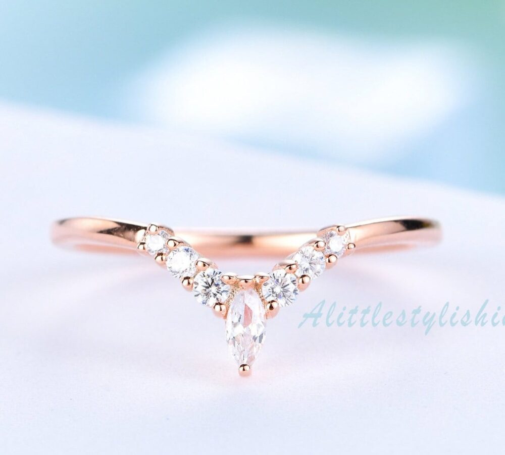 Tiara & Crown Dainty Wedding Band Marquise Cz Diamond Simulant Curved Ring V Shaped Stacking Rose Gold Anniversary Gift