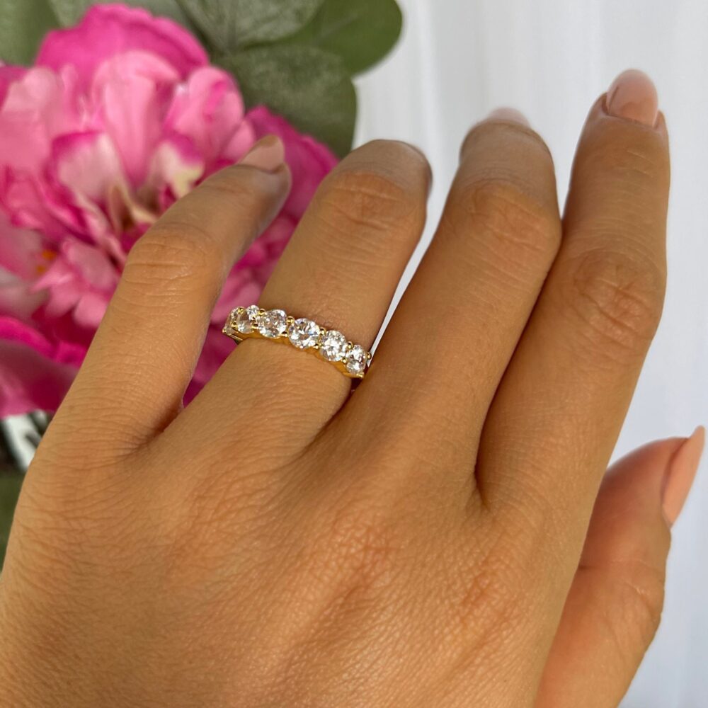 2 Ctw 6-8 Stone Half Eternity Wedding Band, Engagement Ring, Man Made Diamond Simulant, Anniversary Sterling Silver Yellow Gold Plated