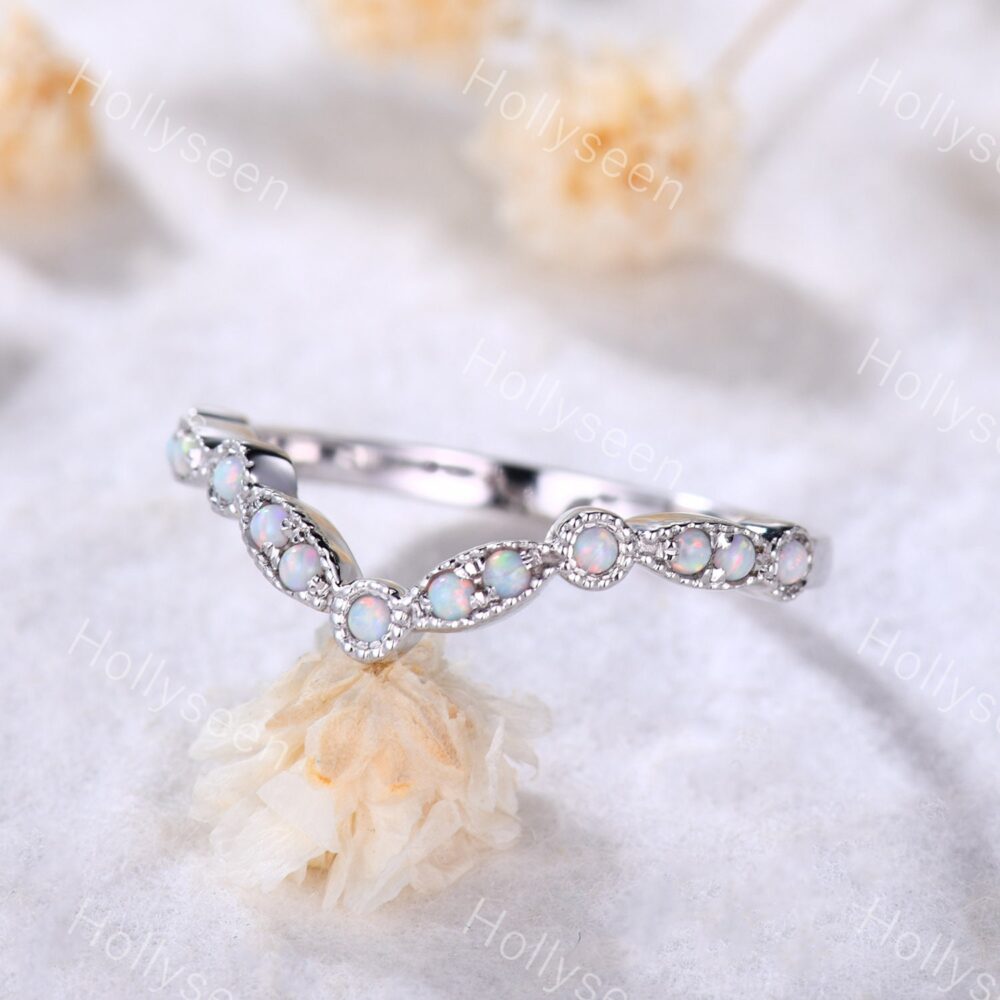 Fire Opal Wedding Band White Gold Engagement Ring Chevron Women Bridal Stackable Matching Stacking
