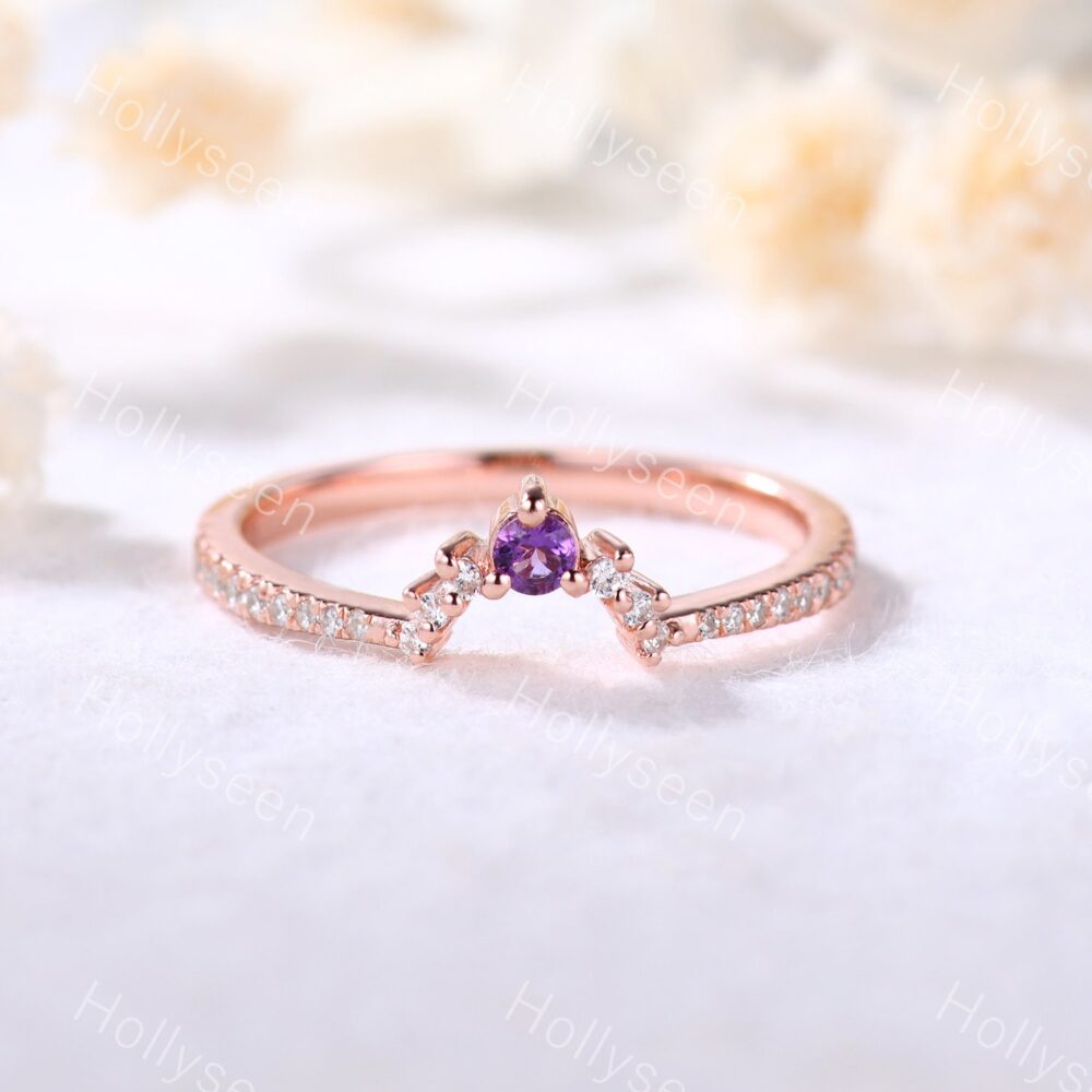 Amethyst Cz Diamond Wedding Band Silver Rose Gold Vintage Curve Engagement Ring Stackable Matching Women Bridal Promise Anniversary