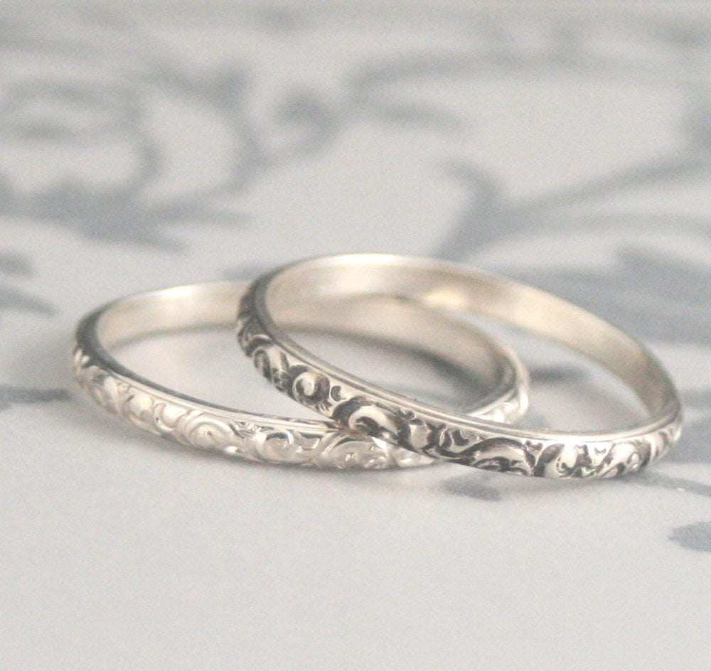 Thin Silver Ring Women's Wedding Band Embossed For Her Rococo in The Disco Patterned Antique Style