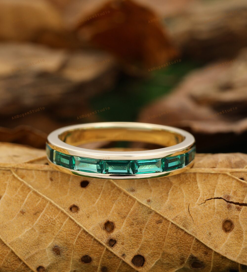 Emerald Wedding Band, Half Eternity Channel Set Green Gem Band, Elegant Women's Band Ring, Mother Day's Gift, 14K Yellow Gold Ring, Fine Jewelry