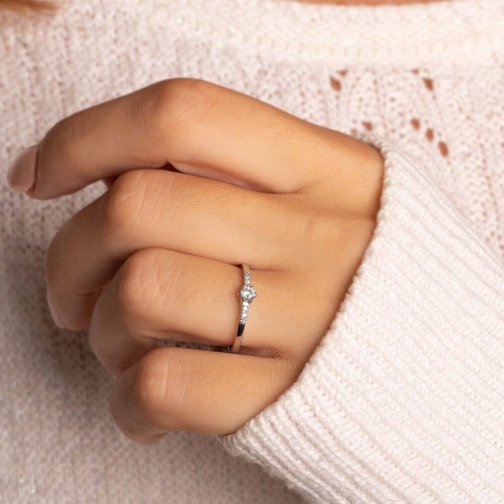 Dainty & Simple 14K White Gold Cz Promise Ring For Her, Small Minimalist Engagement Ring, Tiny Delicate Womens Wedding