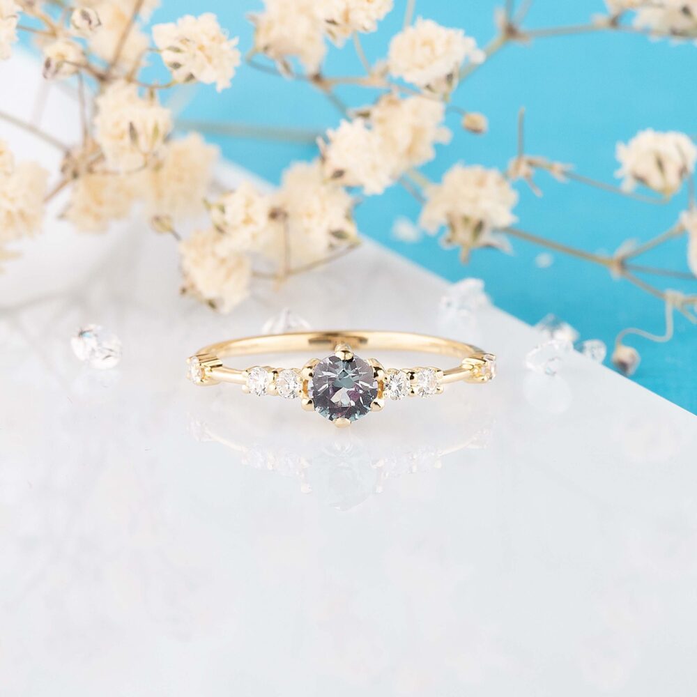 Alexandrite Promise Ring, 14K Yellow Gold Alexandrite & Diamond Engagement Woman Dainty Minimalist Ring