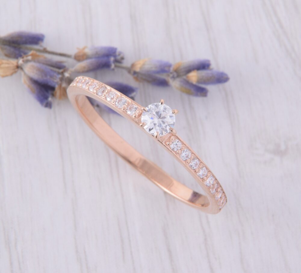 Dainty Gold Promise Ring, White Topaz Minimalist Rose Engagement Unique Womens Ring