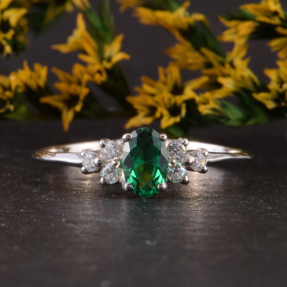 925 Sterling Silver Emerald Promise Ring For Her, Small & Dainty Womens Ring, Womens Ring, Simple Oval Cut
