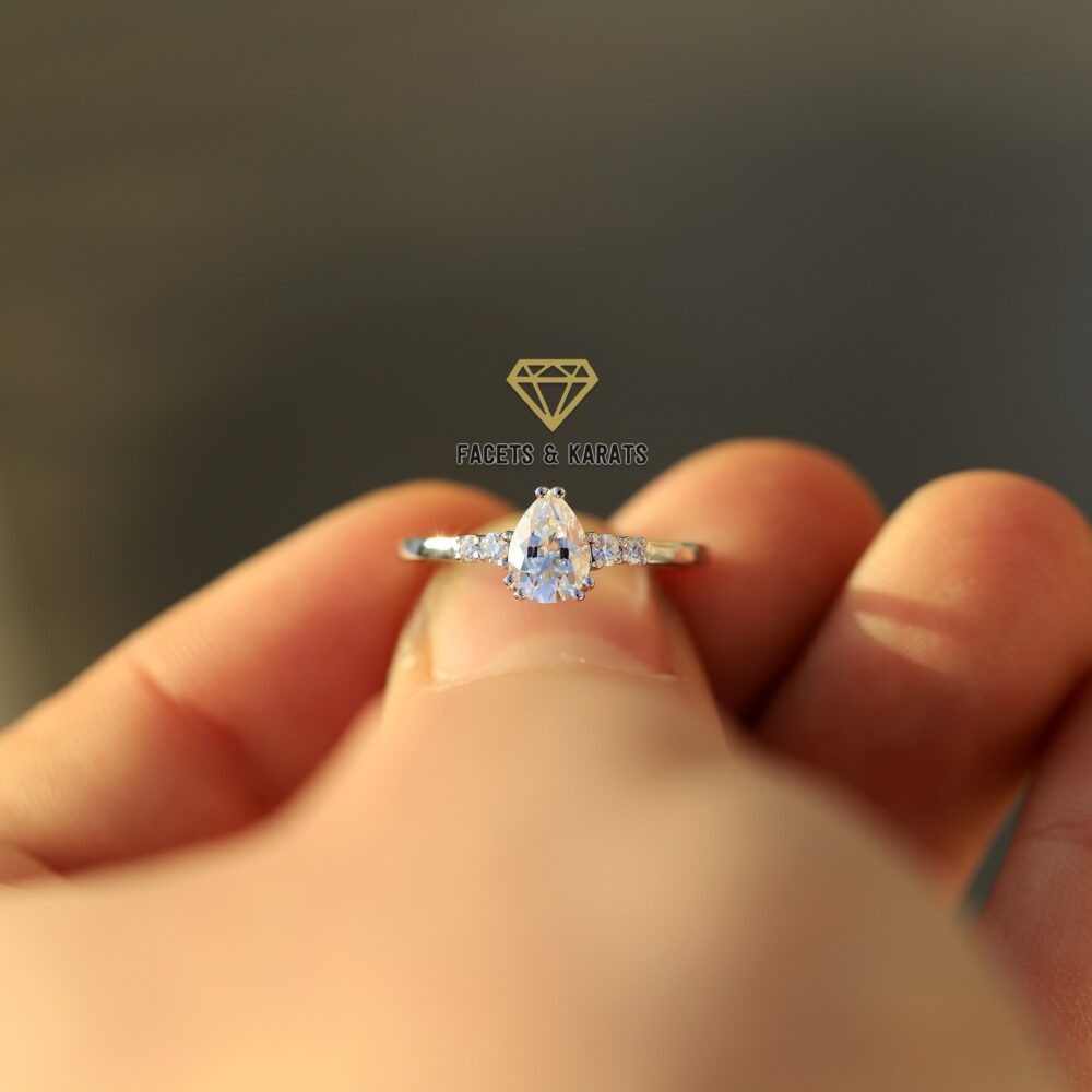 14K White Gold Promise Ring For Her Simple Engagement Womens Pear Shaped Minimalist Wedding Delicate Teardrop Facets & Karats