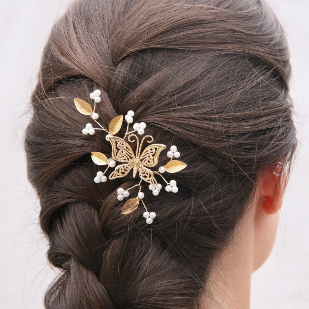 Metal Butterfly Hair Pin With Gold Leaves & Pearls, Wedding Accessory