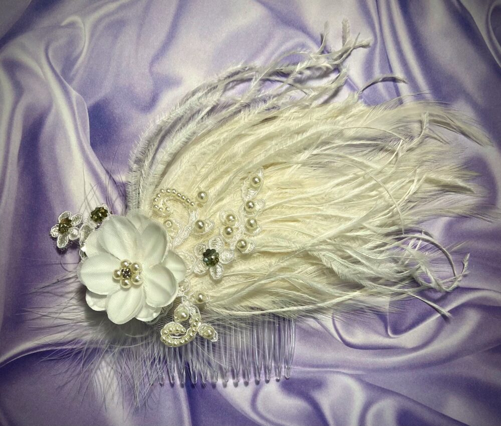Ostrich Feather Bridal Hair Comb Pearl & Lace Flower Fascinator