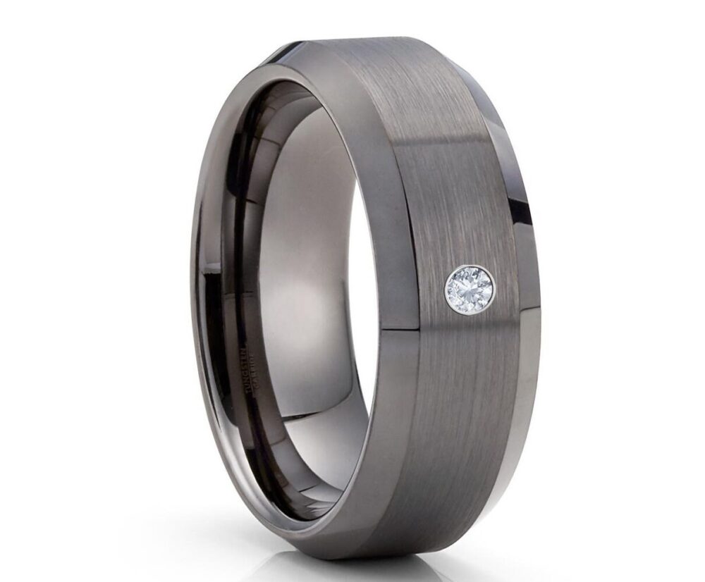 Men's Tungsten Wedding Ring, Gunmetal Band, Unique Ring, Anniversary Ring, White Diamond Ring, Men & Women, Comfort Fit