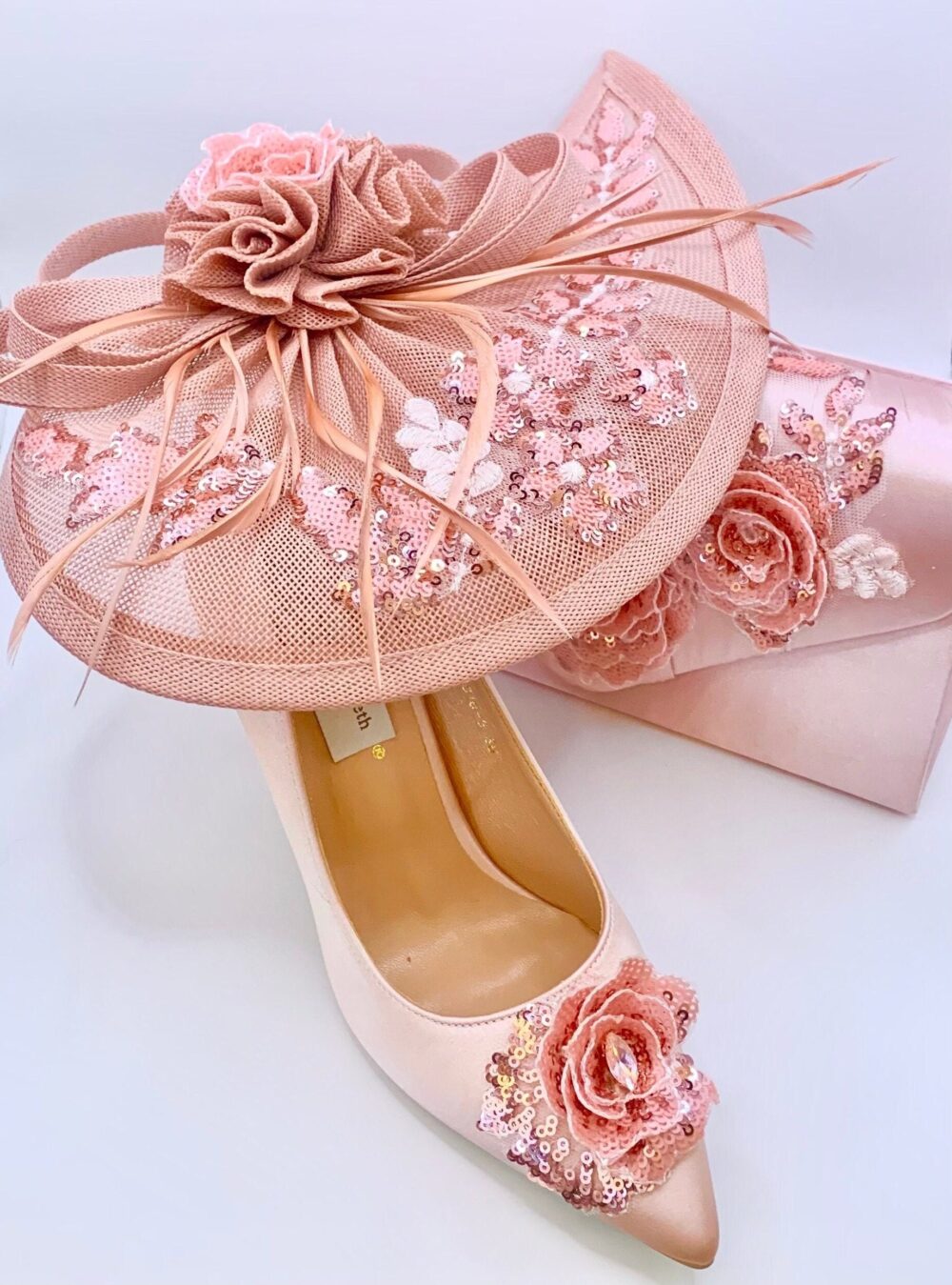 Blush Pink Wedding Fascinator Derby Ascot Race Day Hat With Shoes & Clutch Bag