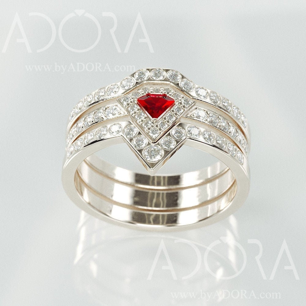 Handmade Diamond Cut Garnet Engagement Bridal Rings Set | 14K White Gold & Wedding With Natural Diamonds