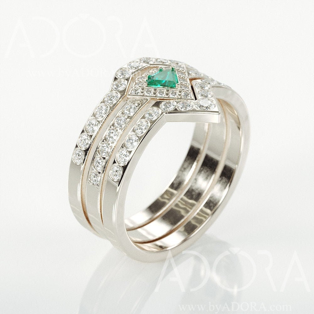 Diamond Cut Tourmaline Engagement Bridal Rings Set | 14K White Gold & Wedding With Natural Diamonds