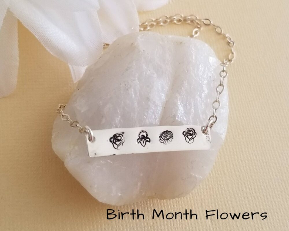 Birth Flower Bar Necklace, Month Mothers Gift, Family Necklace