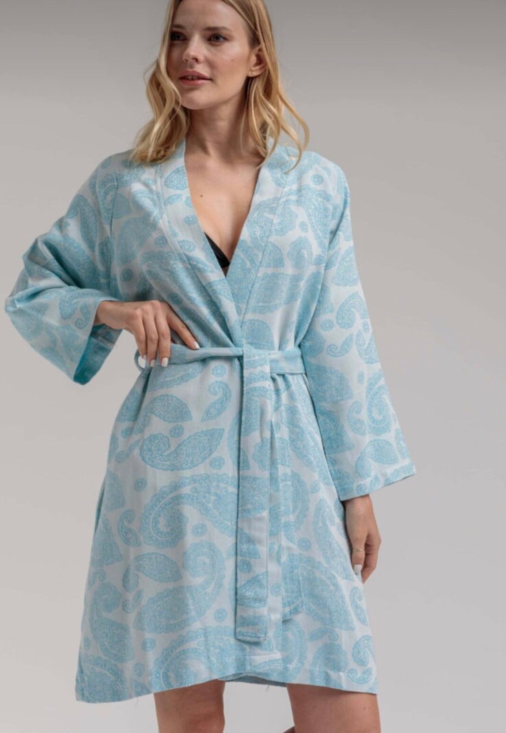 Blue Paisley Turkish Cotton Kimono Robe, Lightweight Spa Bathrobe, Mothers Day Giftmothers Gift