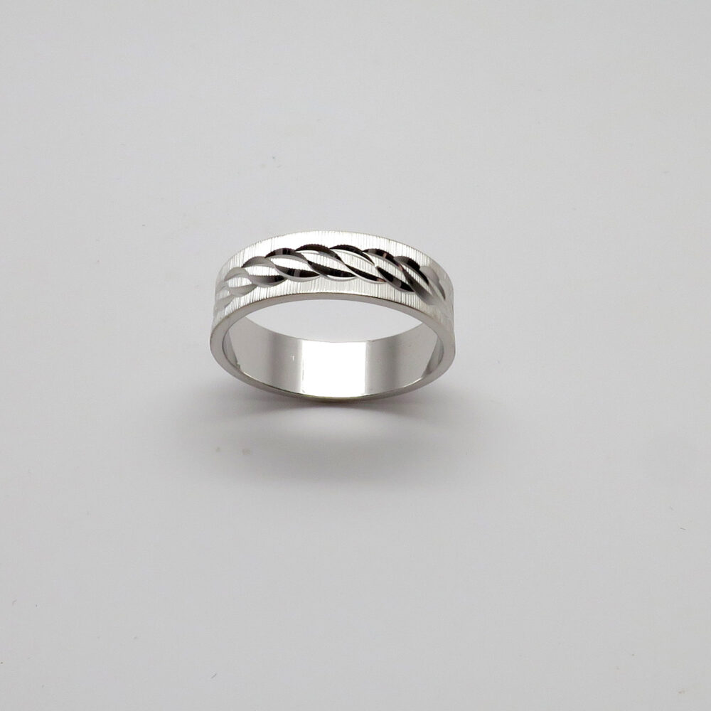 Vintage New 14K White Gold 5.9mm Wide Flat Etched Engraved Wedding Band Sz 9 1/4/ Weighs 4.76 Grams