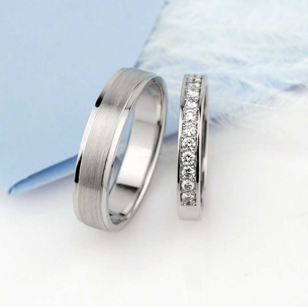 Gold Wedding Bands Set With Diamonds. White Gold Bands. His & Hers Rings. Diamond Matching Couple