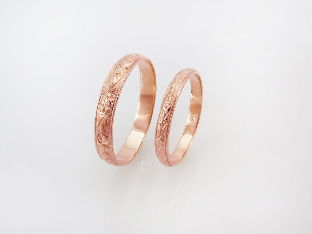 Rose Gold Wedding Bands, His & Hers Rings, Antique Band Set, Floral 14K Boho