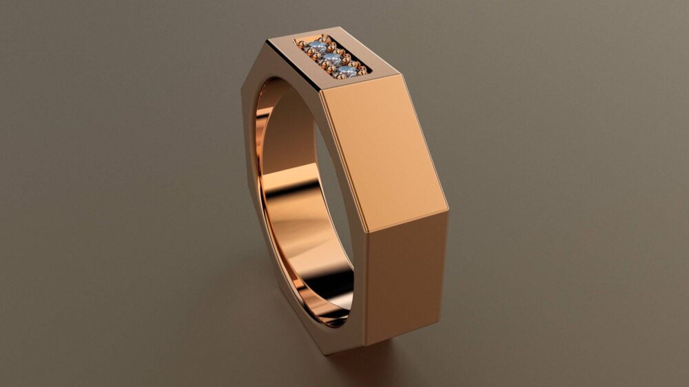 Diamond Rose Gold 6mm Brushed Mens Wedding Band, Matte Satin Octagon 14Kt Pink Ring With 3 Diamonds, Perfect For A Mechanic