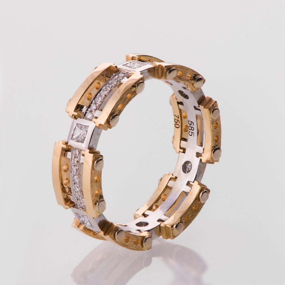 Gold Wedding Band, Men's 14K Gold, Diamond Band, Steampunk, Ring, Gold & Diamond Mens Engagement Ring