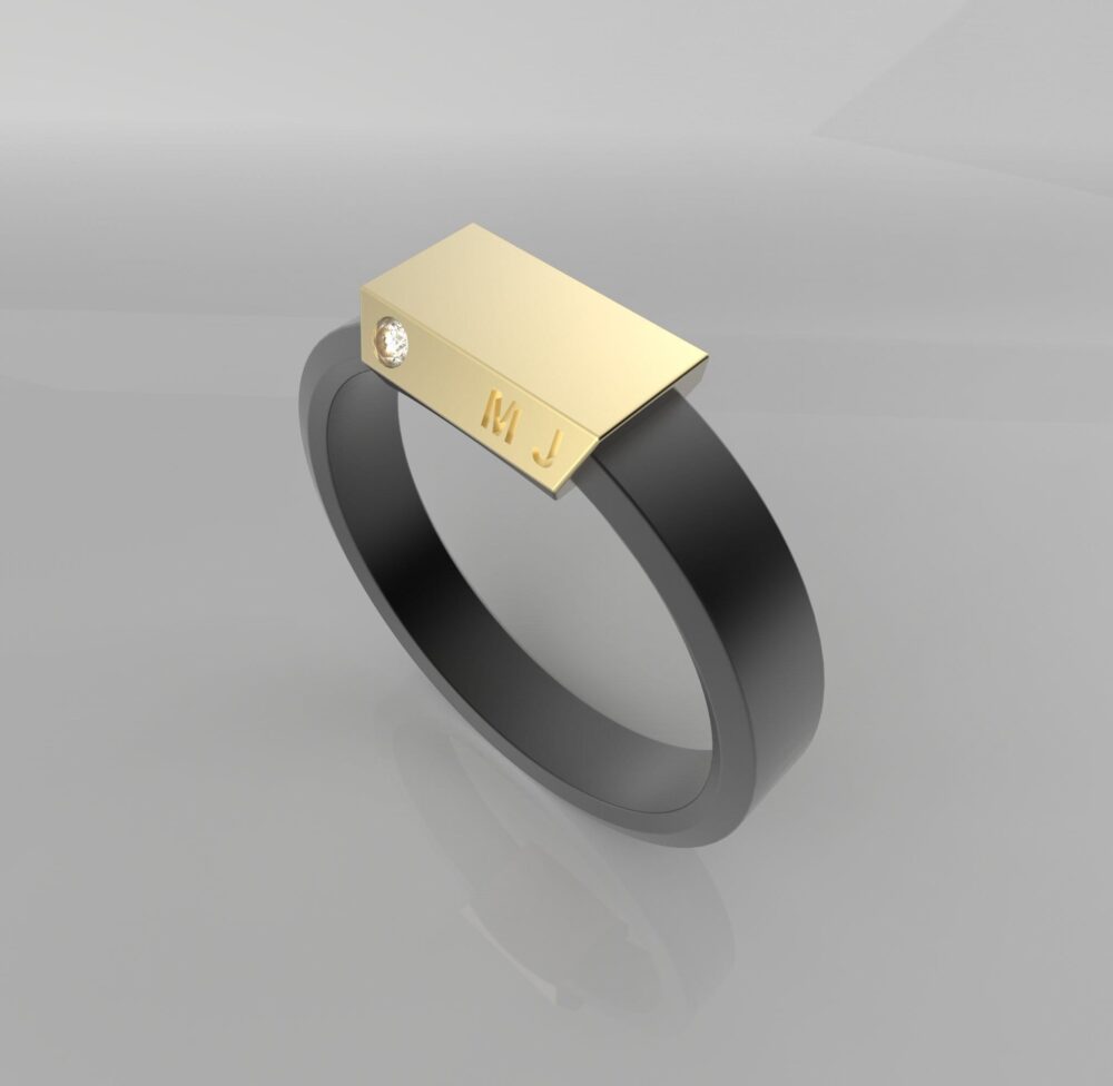 14K Gold & 925 Sterling Silver Men Signet Band With A Brilliant Diamond | Oxidized Black Wedding