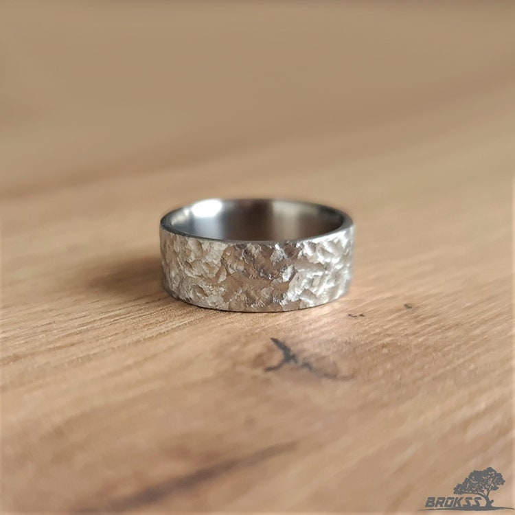 Hammered Titanium Ring - Mens Wedding Band, Distressed Rustic Finish, Hammered Band, Raw Mens Ring, Viking Man Silver Manly Ring