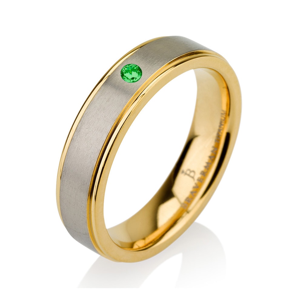 Mens Wedding Bands, 14K Yellow Gold Band, Titanium Green Emerald Ring, Satin Brushed Stepped Edges