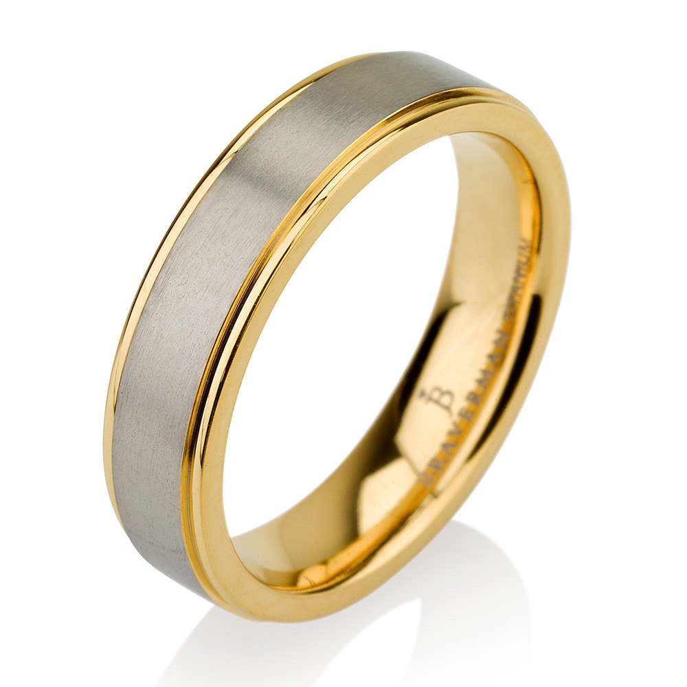 Mens Titanium Wedding Band Ring 5mm 8-12 Sizes 14K Yellow Plated Two Toned Comfort Fit Brushed Satin Custom Engraved