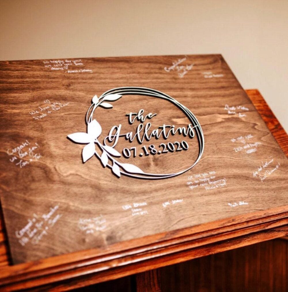 3D Wedding Guest Book Alternative - Rustic Book Wooden Sign Unique Wood Guestbook -Wreath