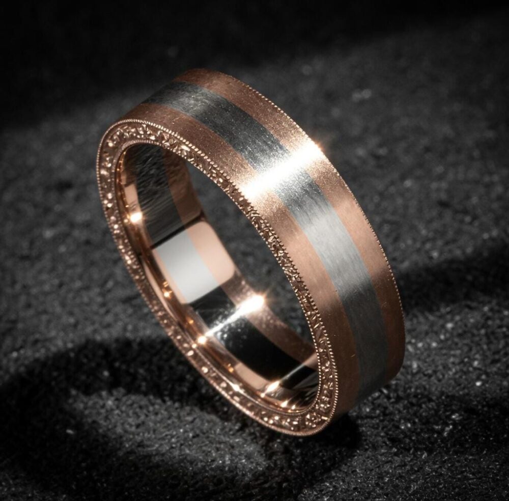 Hand Engraved Two-Tone 14K Gold Wedding Band - White & Rose