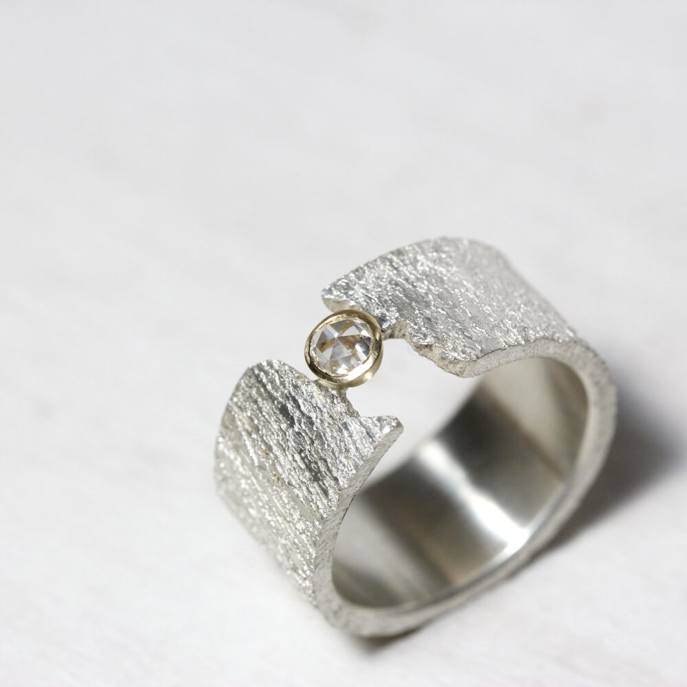Rustic Rose-Cut Diamond Ring Wedding Or Engagement Wide Textured Silver Band 14K Yellow Gold Round Bezel Bridal Setting - Brilliant Canyon