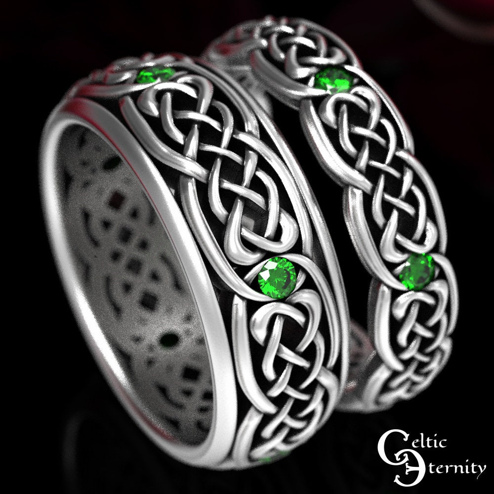 His Hers Wedding Ring Set, Matching Emerald Rings, Sterling Silver Band Matching, Celtic 1584 1582