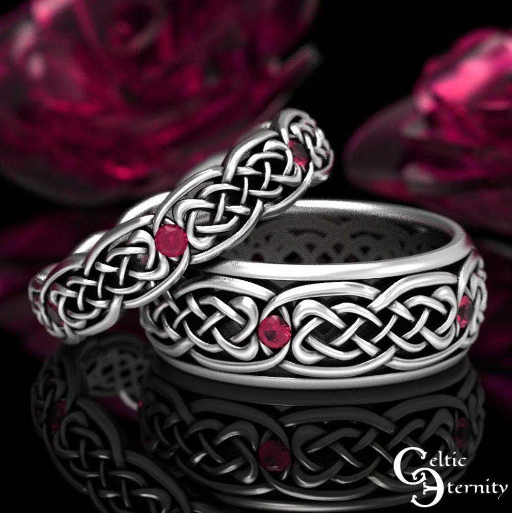 Matching Ruby Rings, His Hers Wedding Ring Set, Sterling Silver Band Matching, Celtic 1584 1582