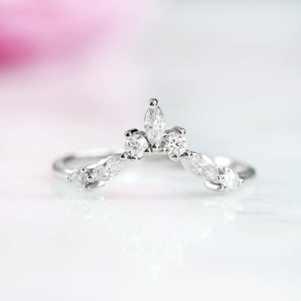 Marquise Diamond Wedding Band - Sterling Silver Band For Women - Engagement Ring Crown Matching Band Gift Her