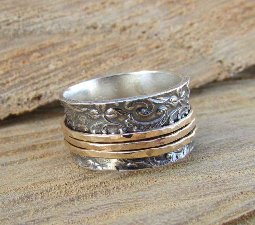 Celtic Spinner Wedding Rings, Oxidized Silver Band, Meditation Ring, Boho Wide Band Vintage Two Tone Ring