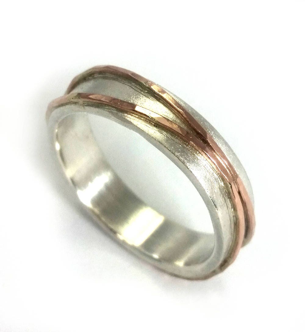 Woman's Wedding Ring, Narrow Band, Sterling Silver Band With Two Rose Gold Stripes Soldered On Top, Comfortable Ilan Amir Jewelry