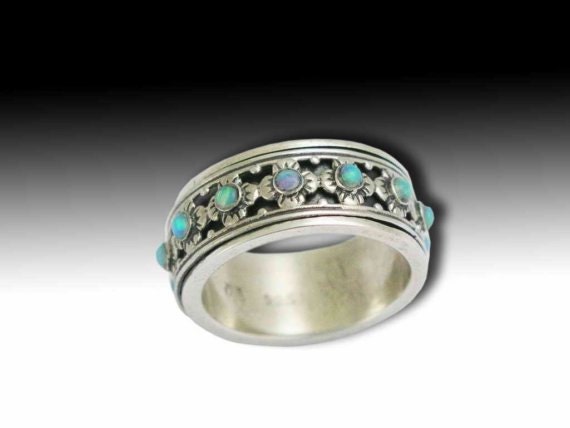 Opals Ring, Wedding Band, Floral Spinner Stones Opal Jewelry, Sterling Silver Band - New Beginnings R1149xs