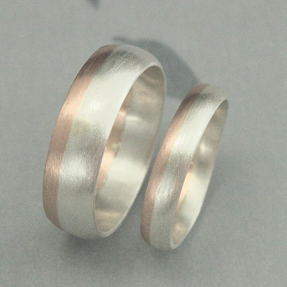 Modern Rounded Two Tone Wedding Band Set Bimetal Ring Rose Gold & Silver Bands His Hers Mixed Metal