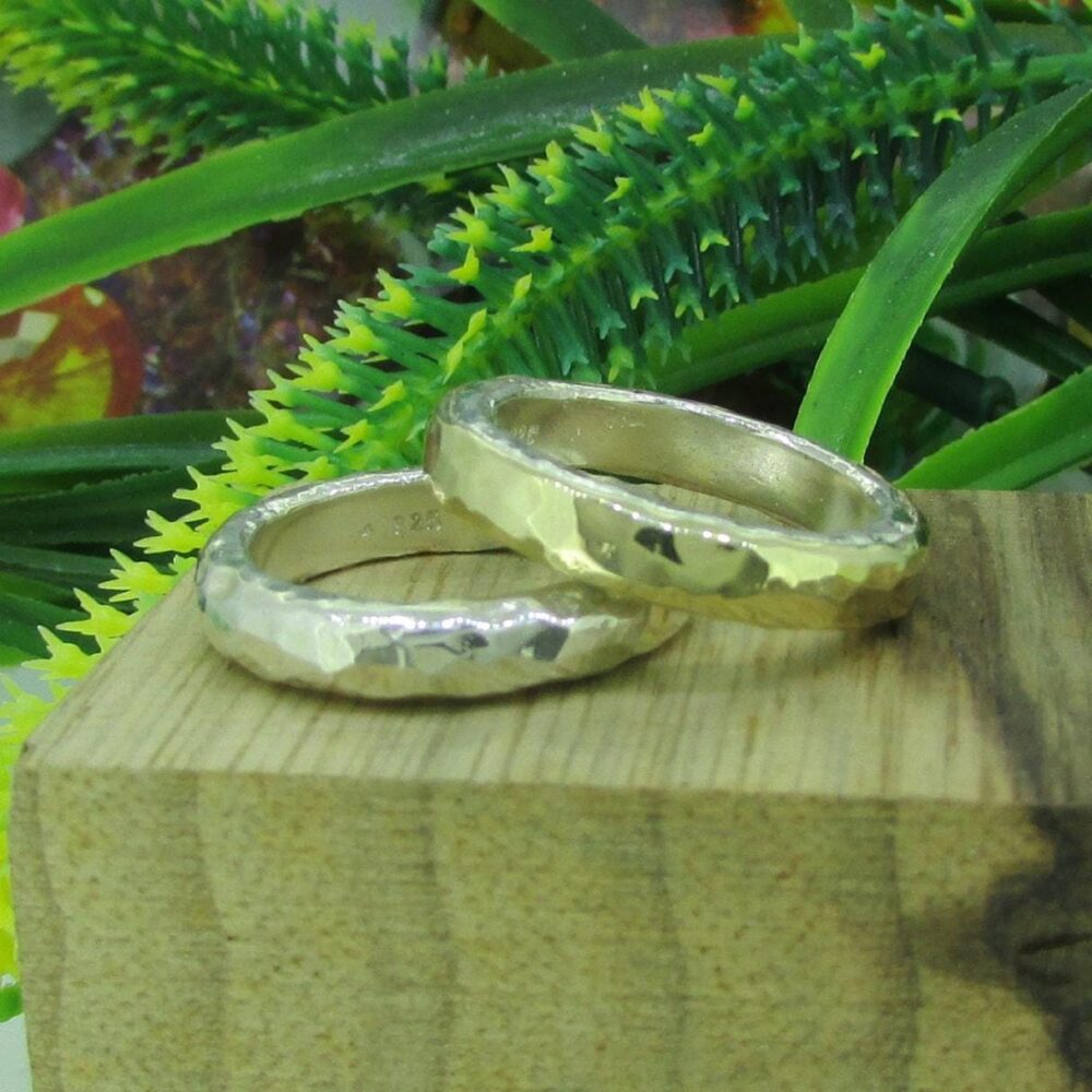 Matching Wedding Set 2 Rings 9K Yellow Gold, Silver Band, Hammered, Designer Jewelry, Mixed Metal Couple