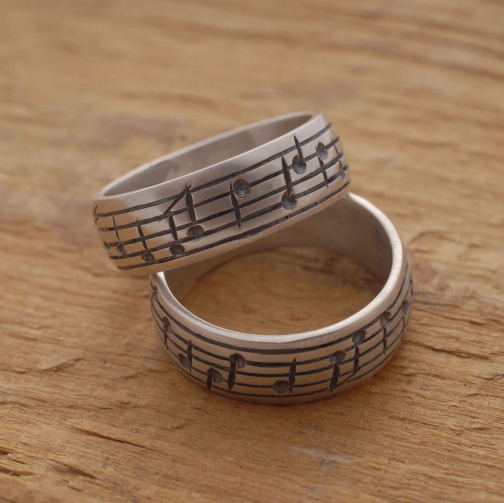 Music Note Wedding Ring Set, His Her Sterling Silver Bands, Personalised Promise Rings, Be62