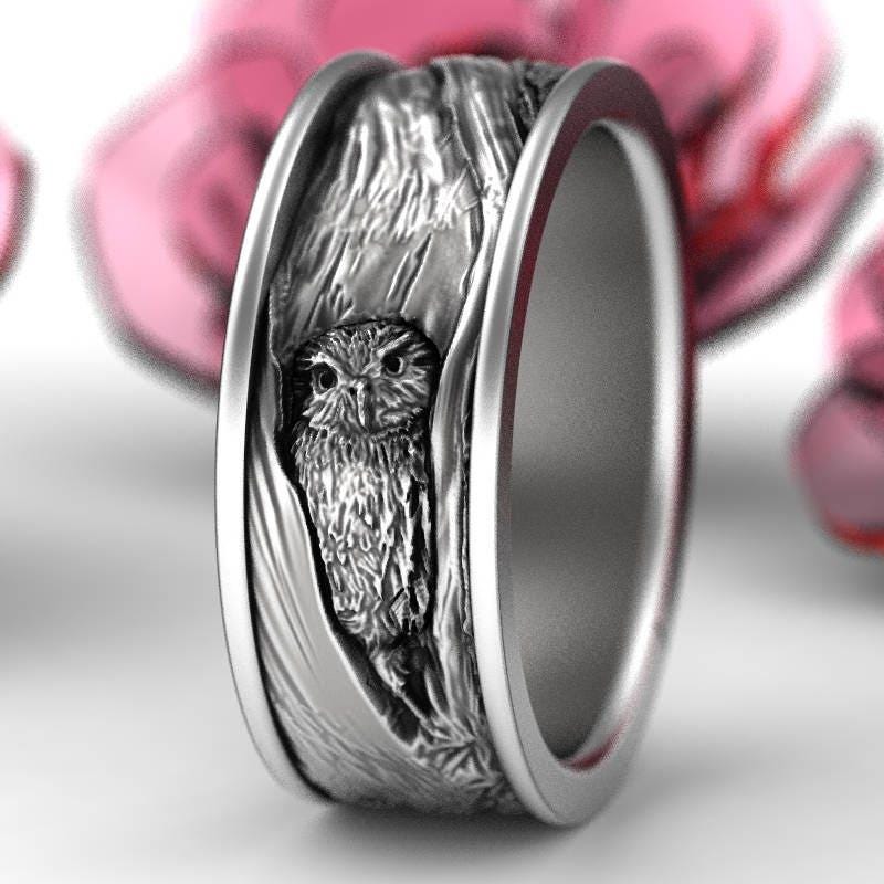 sterling Silver Owl Wedding Ring, Band, Tree Bark Rings, Nature Inspired in Ring 1794