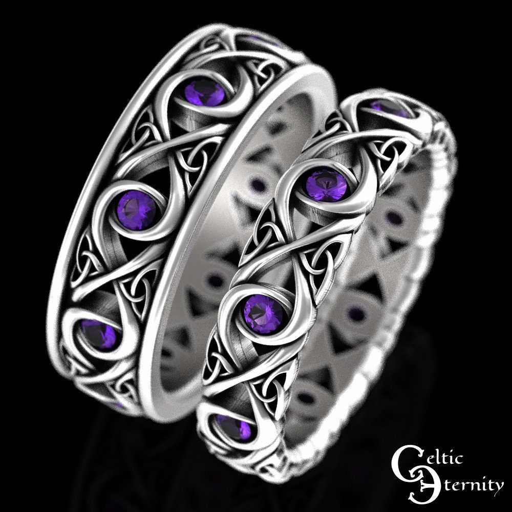 Matching Amethyst Wedding Rings, Celtic Ring Set, Sterling Silver Bands, 1409 1410