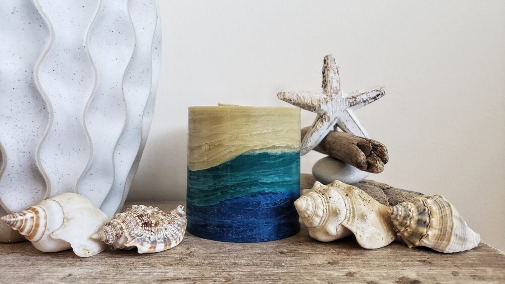 Sand Tan Teal Blue Handcrafted Beach Pillar Candle