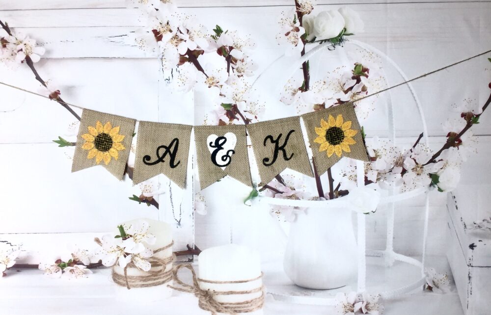 Personalized Burlap Wedding Banner Initials & Sunflower Decor