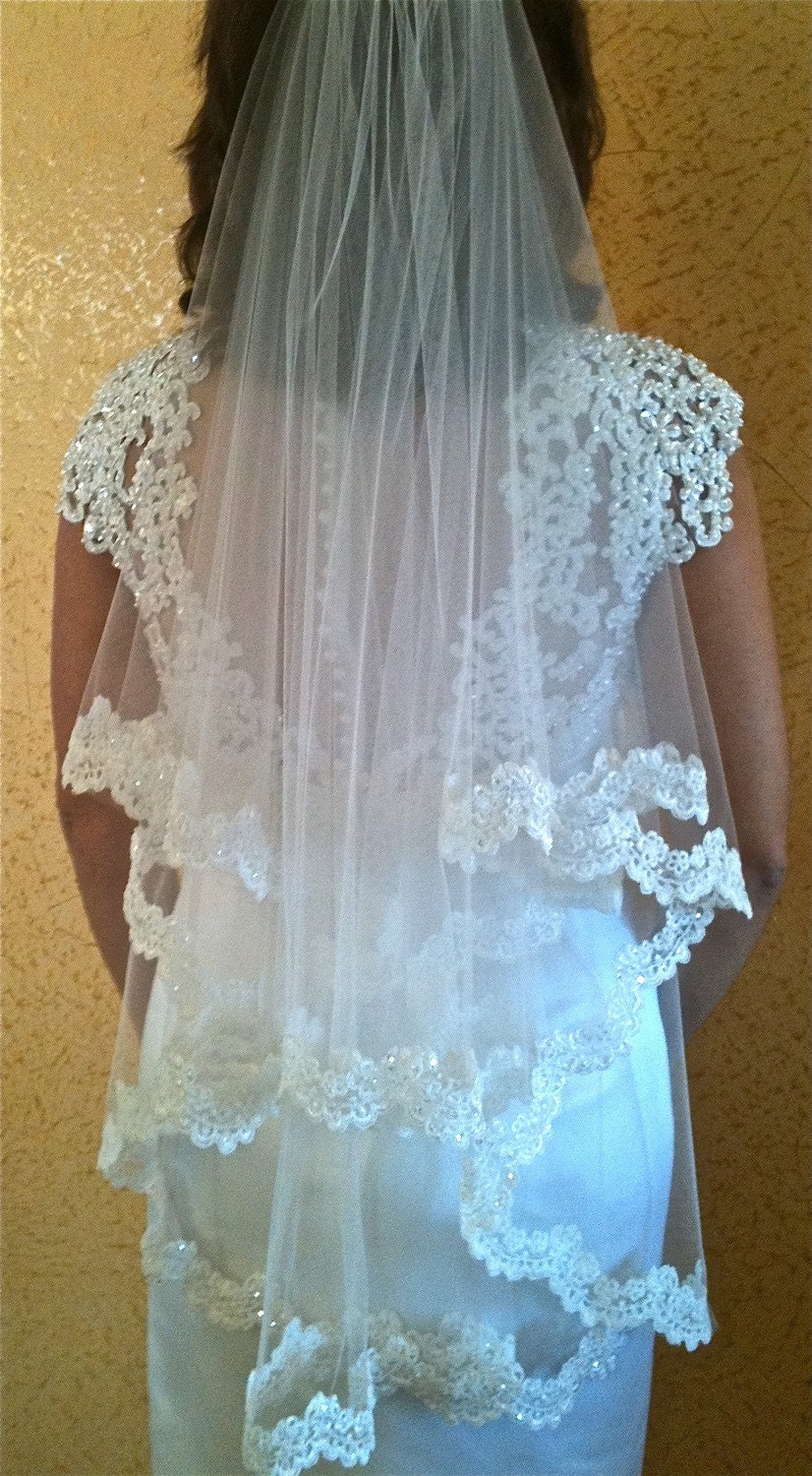 Two Layers Bridal Lace Veil With Beaded Scalloped Edge Fingertip Length, Two Tier Wedding Blusher In