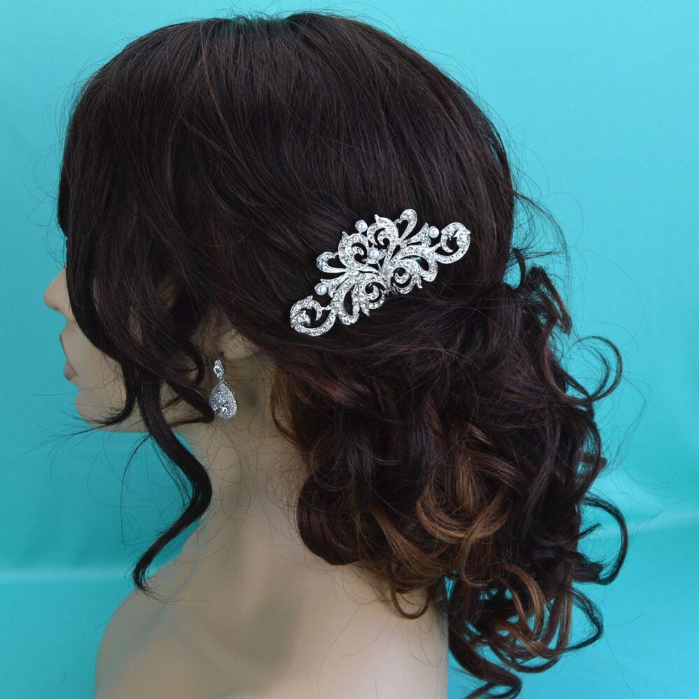 Clearance Crystal & White Pearl Wedding Hair Comb, Rhinestone Bridal Silver Headpiece, Vintage Side Co-023