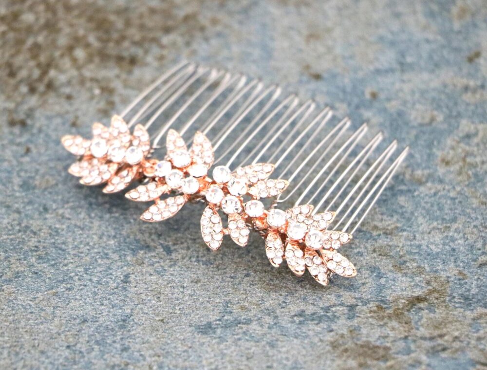 Rose Gold Rhinestone Bridal Hair Comb Veil Comb Wedding Hair Clip Jewelry Accessories Side