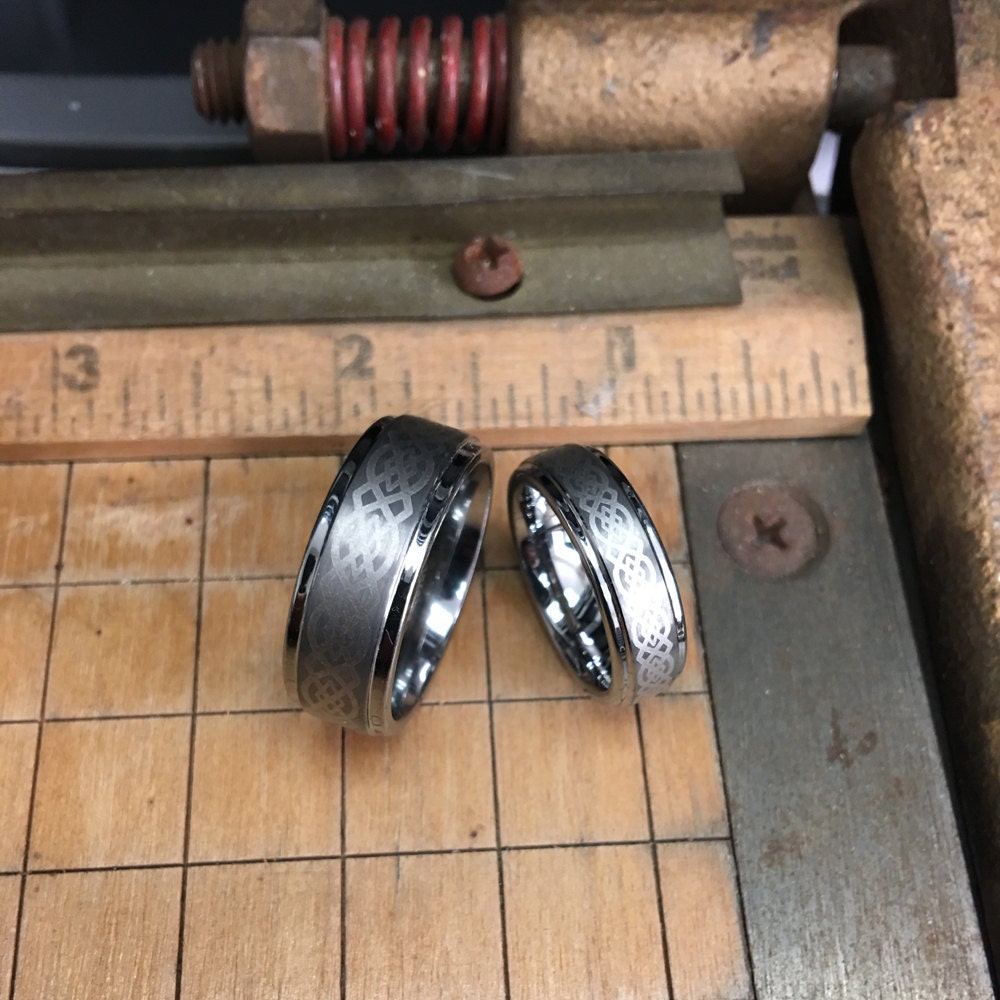 Celtic Knot Tungsten Wedding Band Set, Engraved Step Edge Ring