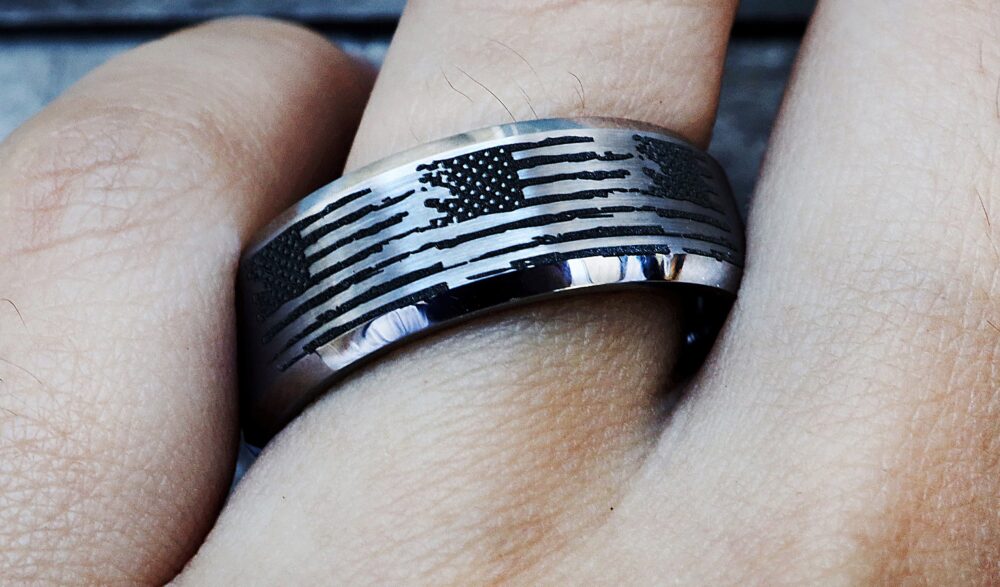 American Flag Wedding Ring, Military Engagement Patriotic Band, USA United States Jewelry, Distressed Ring