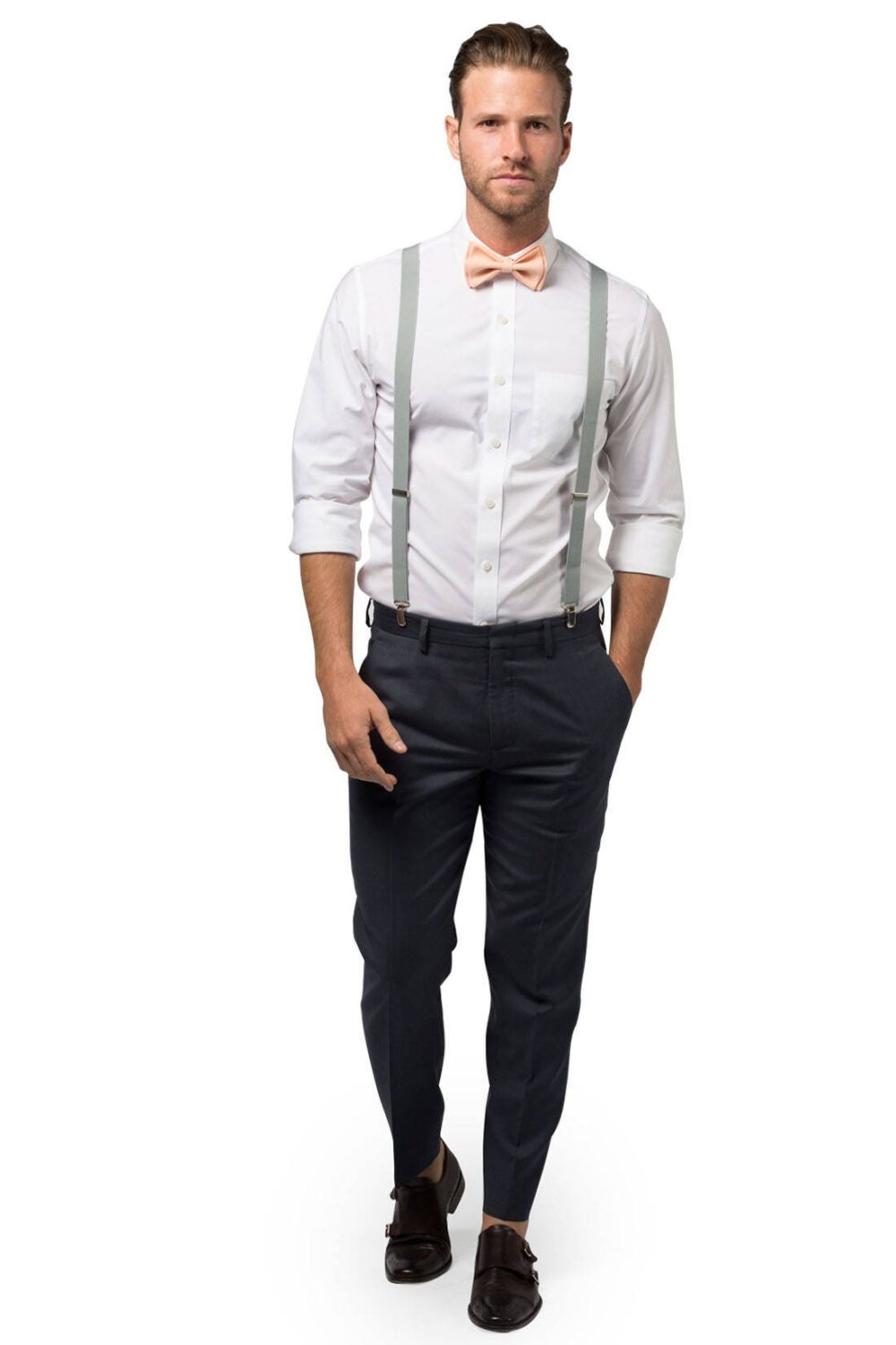 Peach Bellini Bow Tie & Light Grey Suspenders For Wedding, Groom, Groomsmen, Ring Bearer, Prom